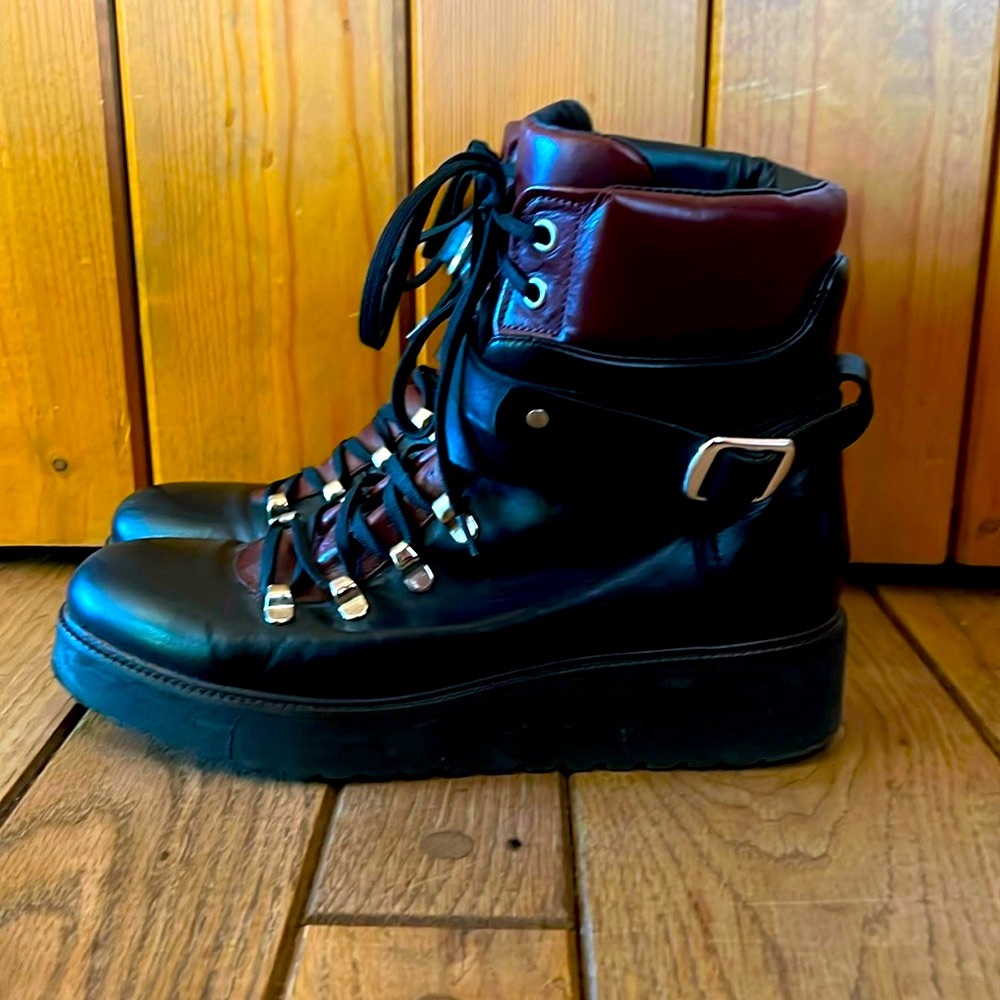 Zara black & maroon lace-up wrap-strap rounded toe, leather, two toned boot. 41